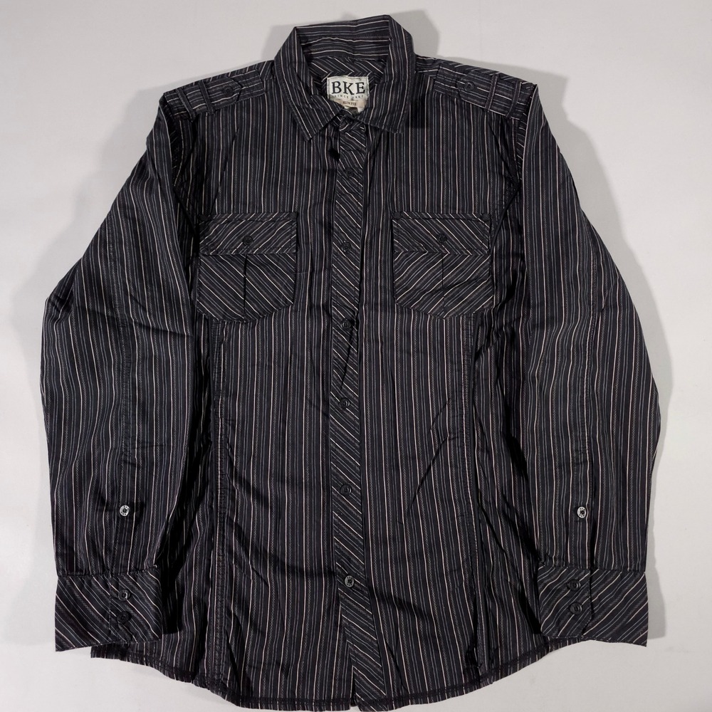 BKE Button‎ Down Shirt Mens XL Black Pinstripe Slim Fit Long Sleeve Epaulets